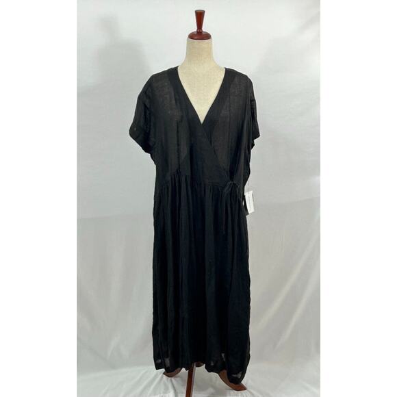 ARTS & SCIENCE Sz 1 Black Linen Oversize Ethnic Gathered Wrap Dress NWT Japan - Picture 10 of 12